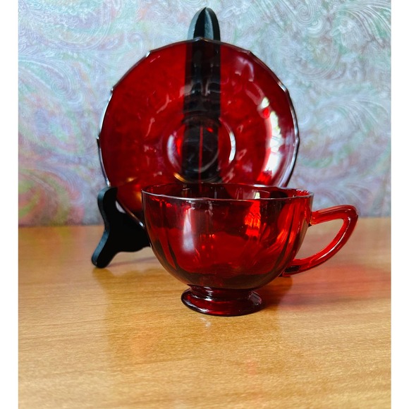 Vintage Ruby Red glass tea cup and saucer set by New Martensville glass - Picture 1 of 10